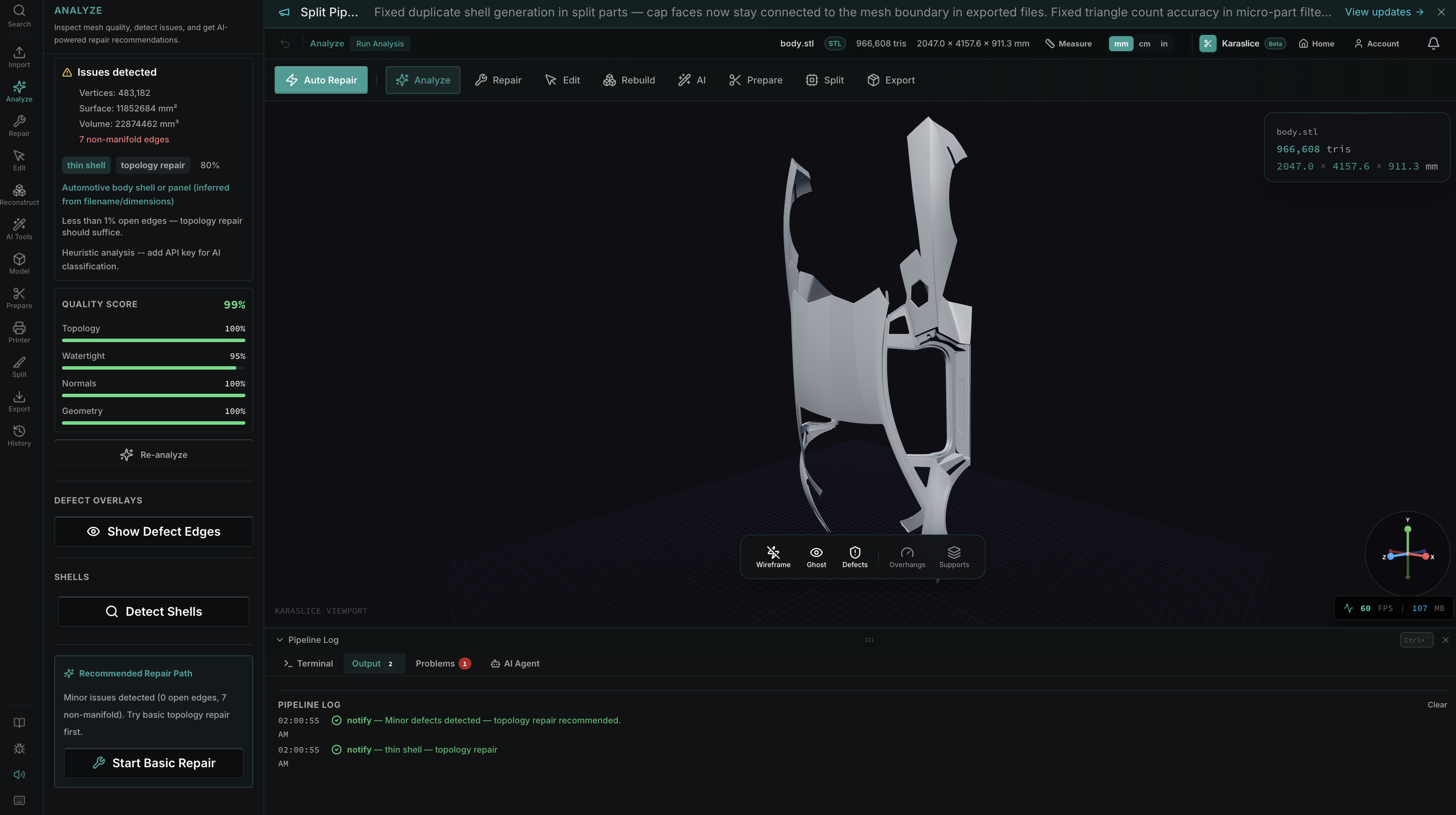 Karaslice Pro AI mesh analysis and repair workbench