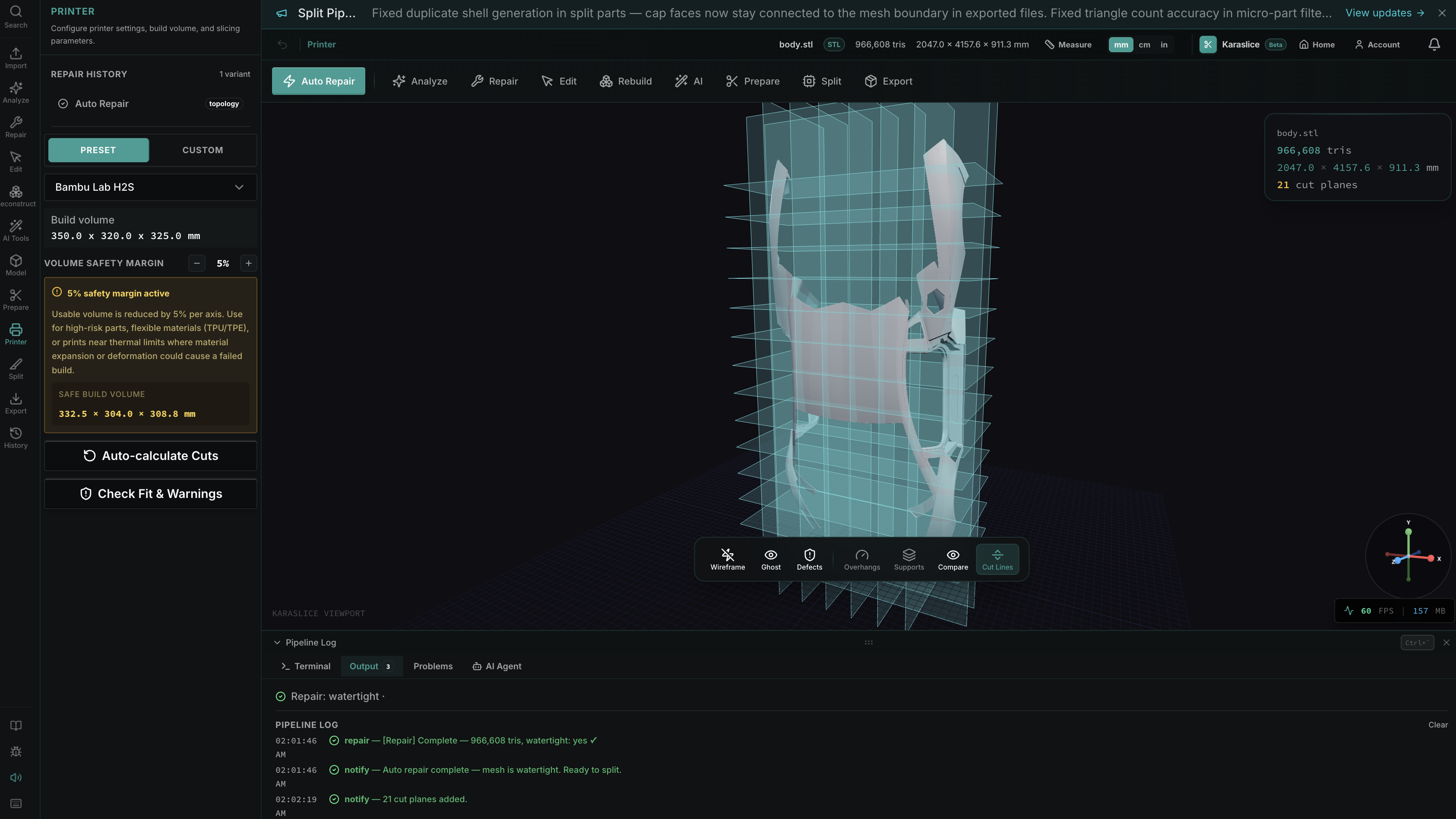 Karaslice printer setup with build volume and cut planes