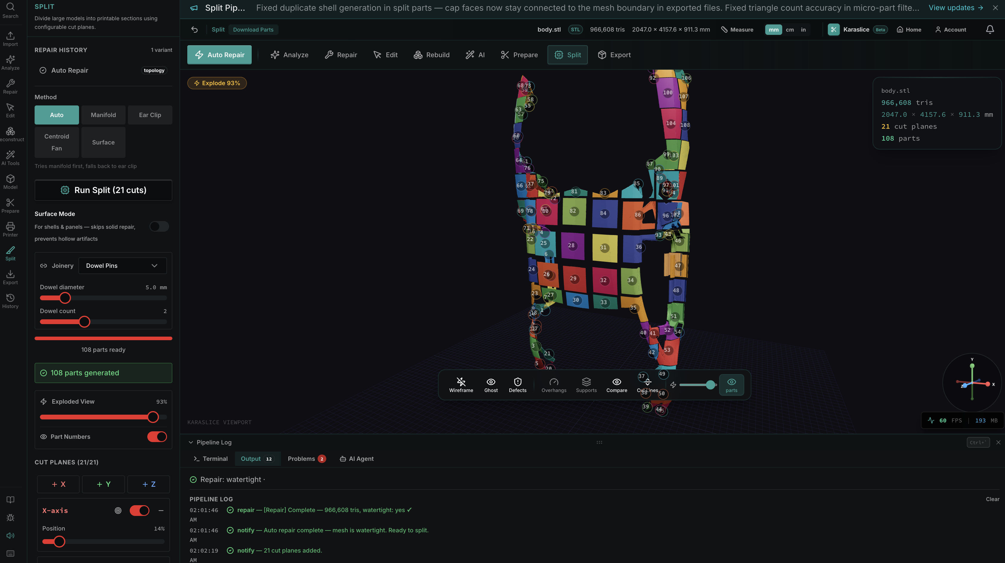 Karaslice 108 parts exploded view with part numbers